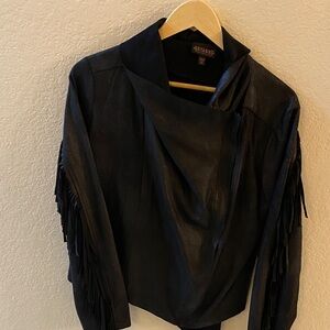 Shyanne Black Faux Leather Jacket with Sleeve Fringe